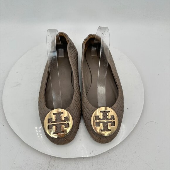 Tory Burch Quilted Minnie Women Size 8.5 Espresso Leather Gold Logo Flat Shoes - Picture 1 of 12